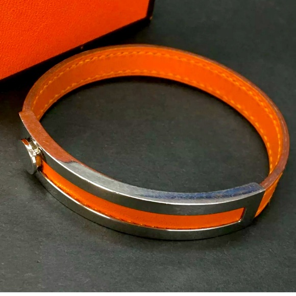 HERMES Pousse Pousse Leather Silver Tone Bracelet Orange